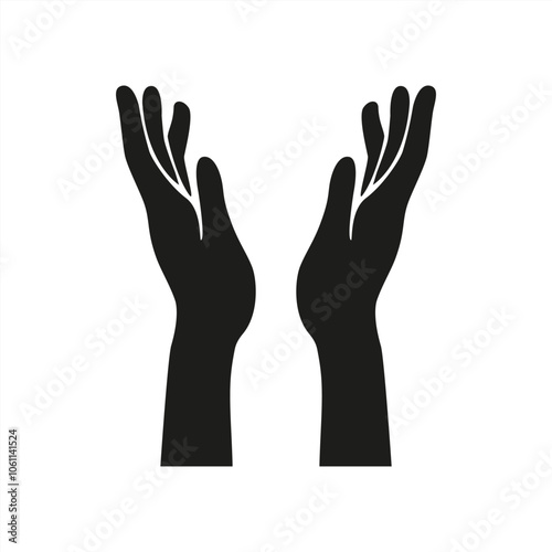 Black silhouettes of two raised hands with palms facing each other, isolated on white background, vector 10 eps