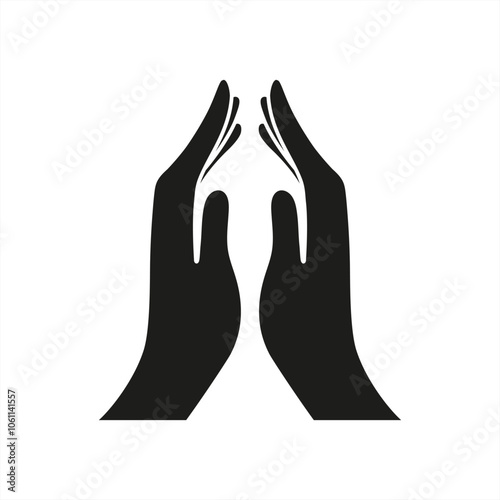 Black silhouettes of two raised hands with palms facing each other, isolated on white background, vector icon.