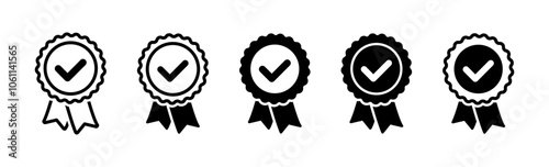 Approved or certified medal icon. Certified badge. Approval check symbol collection, vector icons.