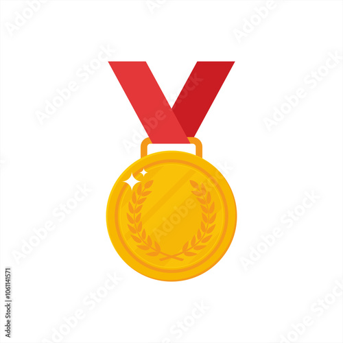 Yellow Gold medal with red ribbon flat vector icon for sports apps and websites, vector icon.