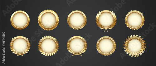 Gold medal with laurel wreath, circle award set, 3d golden winner badge medallion, vector 10 eps.