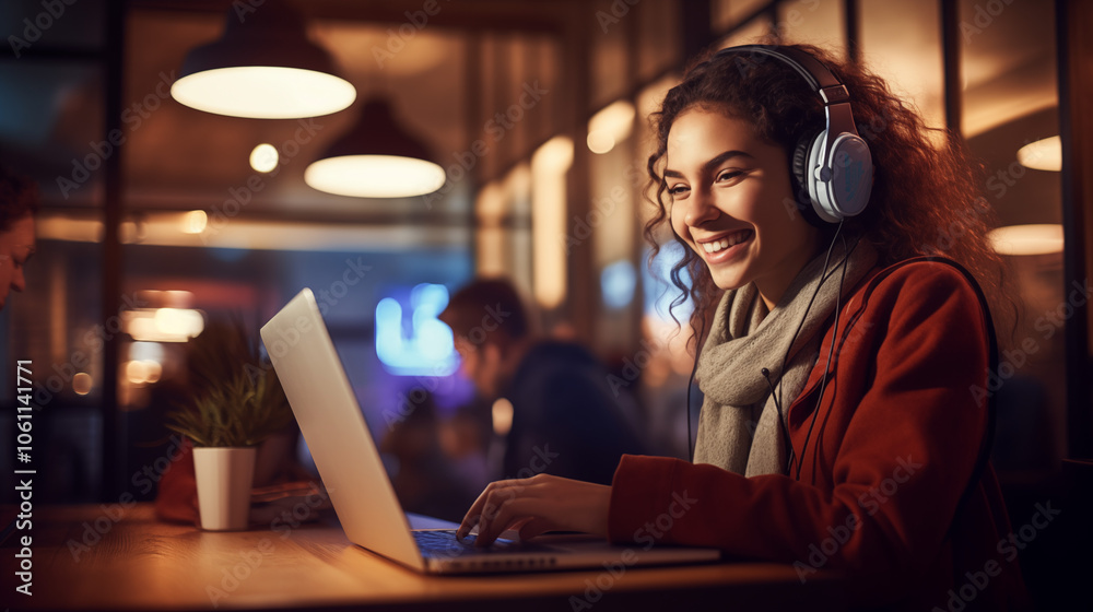 Young Woman with Headphones Working on Laptop in Cozy Cafe, Ideal for Remote Work, Lifestyle, and Technology Themes Young Woman with Headphones Working on Laptop in Cozy Cafe, Ideal for Remote Work, Lifestyle, and Technology Themes