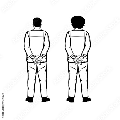 two handcuffed criminal suspects facing back in black and white vector line art