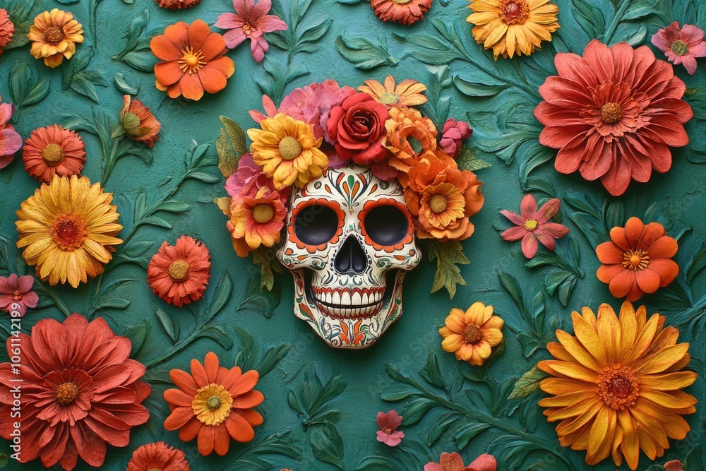 Skull with a flower crown on it is surrounded by a colorful flower arrangement. The skull is smiling, giving the impression of a happy and playful scene Skull with a flower crown on it is surrounded by a colorful flower arrangement. The skull is smiling, giving the impression of a happy and playful scene