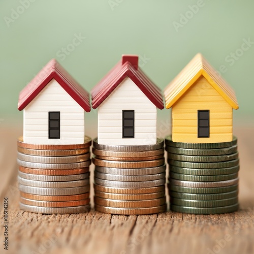 Three miniature houses sit on stacks of coins, representing the cost of real estate. photo