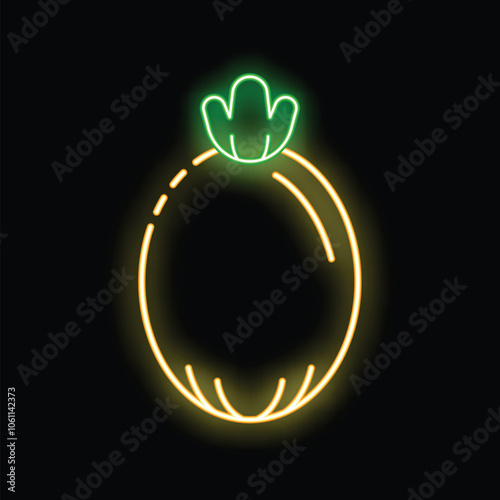 Bright neon sign in the shape of a pineapple is glowing on a black background