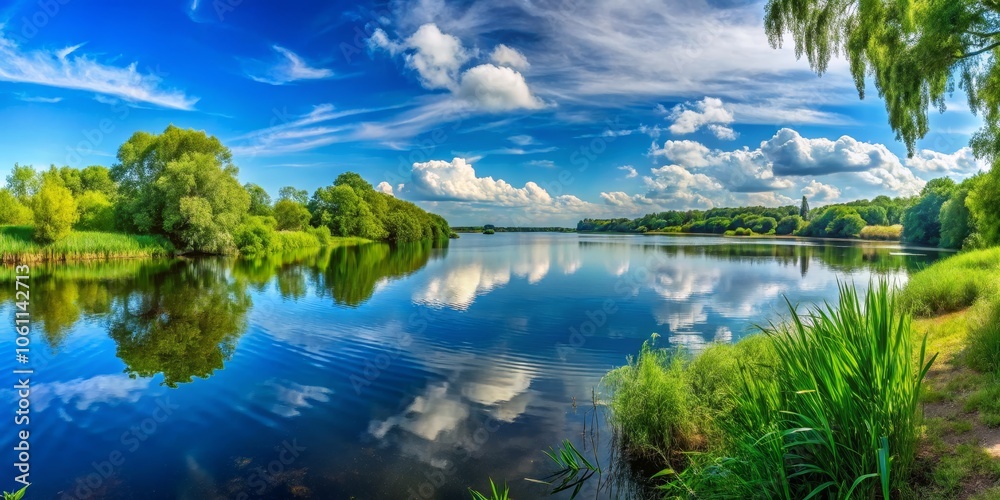 Serene Landscape View of Calm Lake and Blue Sky Serene Landscape View of Calm Lake and Blue Sky