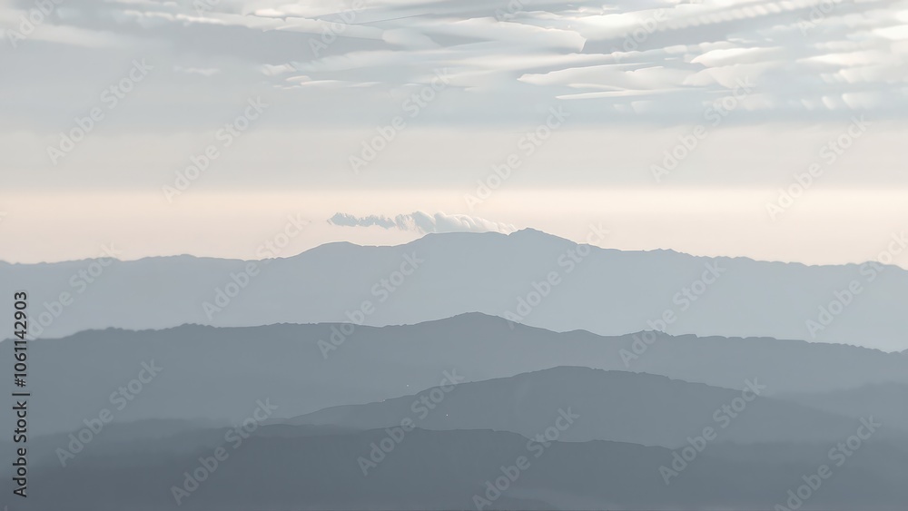 Generative AI, Minimalist Aerial View of Serene Mountain Ranges with Soft Cloud Layers Generative AI, Minimalist Aerial View of Serene Mountain Ranges with Soft Cloud Layers