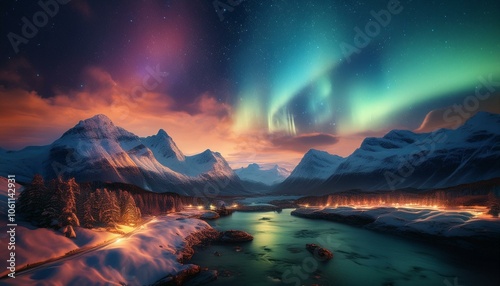 Aurora borealis on the Lofoten islands, Norway. Green northern lights above mountains. Night winter landscape with aurora. Natural background in the Norway