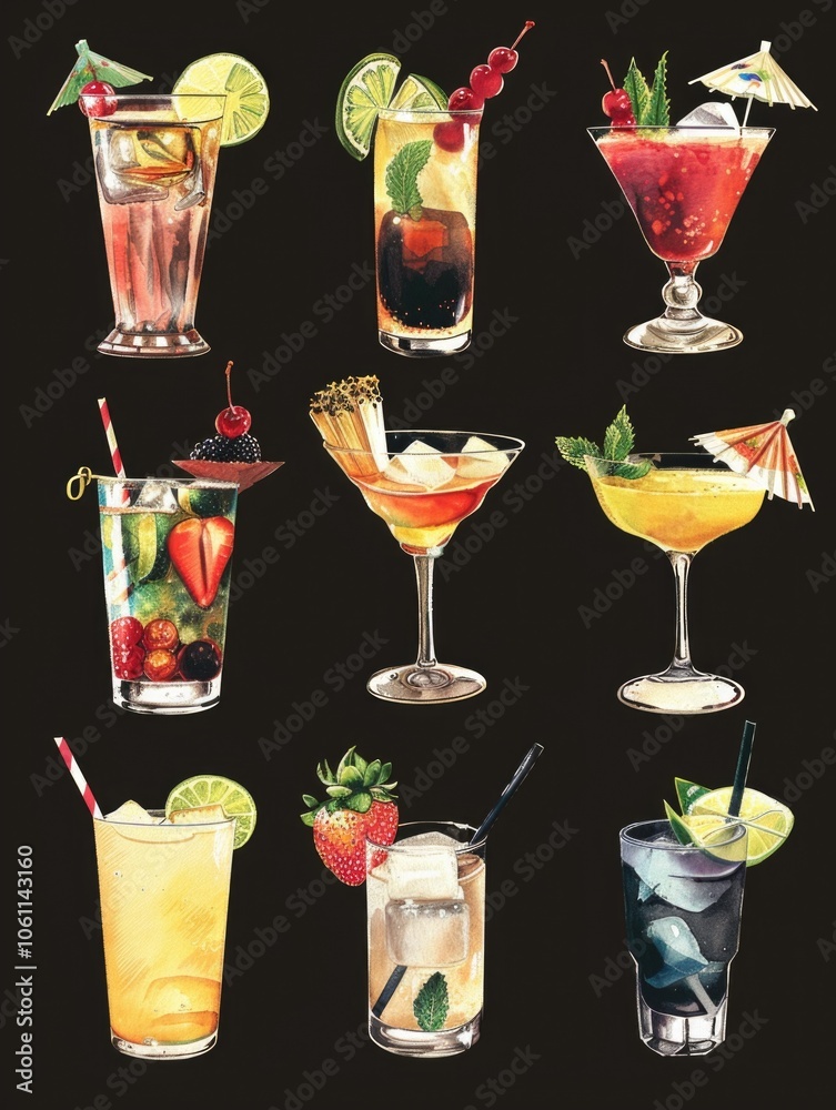 Sixteen different cocktails with various ingredients and garnishes. Sixteen different cocktails with various ingredients and garnishes.