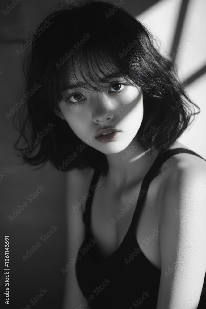Young woman with short hair, captured in a stylish portrait. Sunlit with dramatic shadow effect creating a fashionable and modern feel. Young woman with short hair, captured in a stylish portrait. Sunlit with dramatic shadow effect creating a fashionable and modern feel.