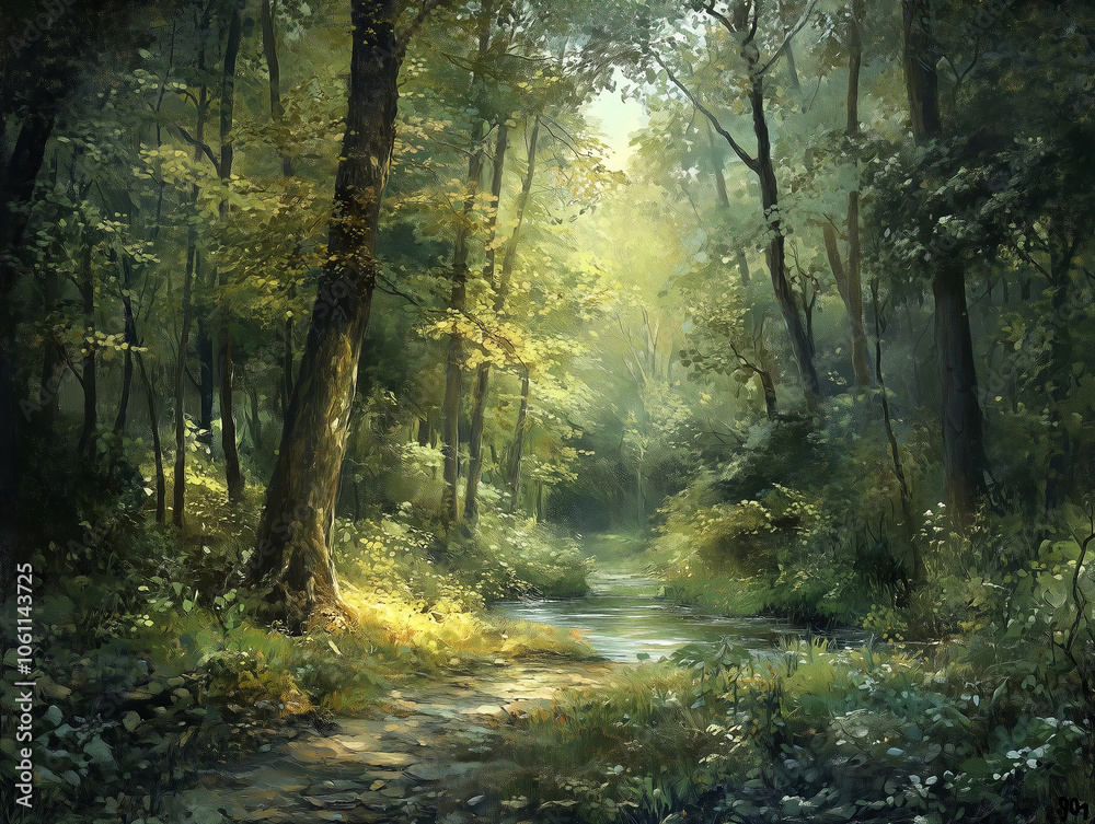Sunlight streams through the dense canopy of a lush forest, illuminating a tranquil creek winding through the trees Sunlight streams through the dense canopy of a lush forest, illuminating a tranquil creek winding through the trees