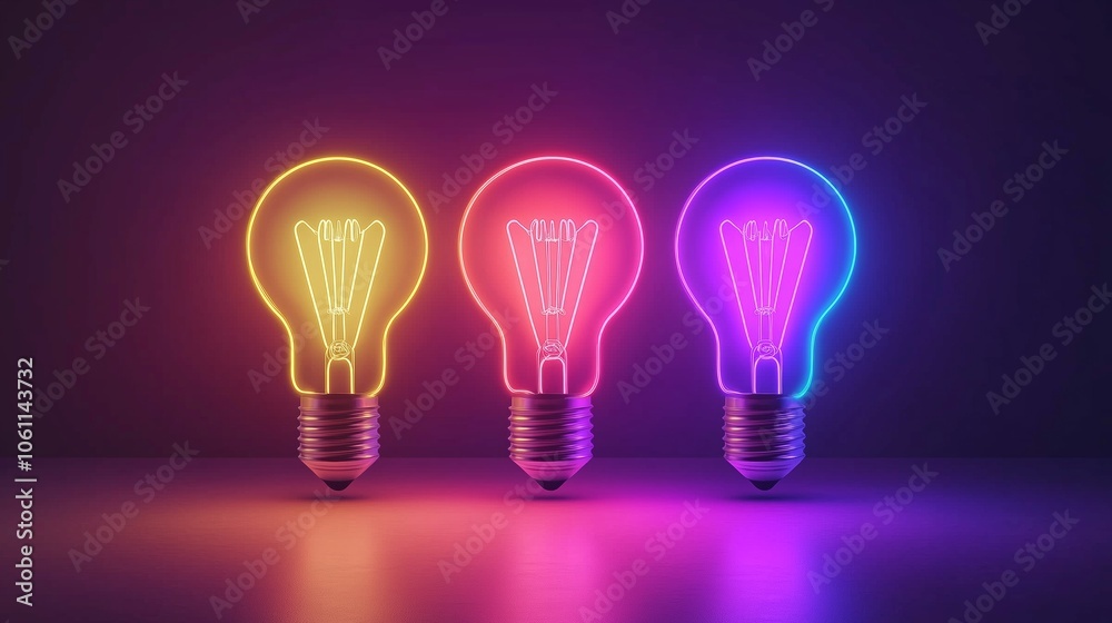 Colorful Illustration of yellow, red and purple blue neon light bulbs for futuristic energy saving concept Colorful Illustration of yellow, red and purple blue neon light bulbs for futuristic energy saving concept