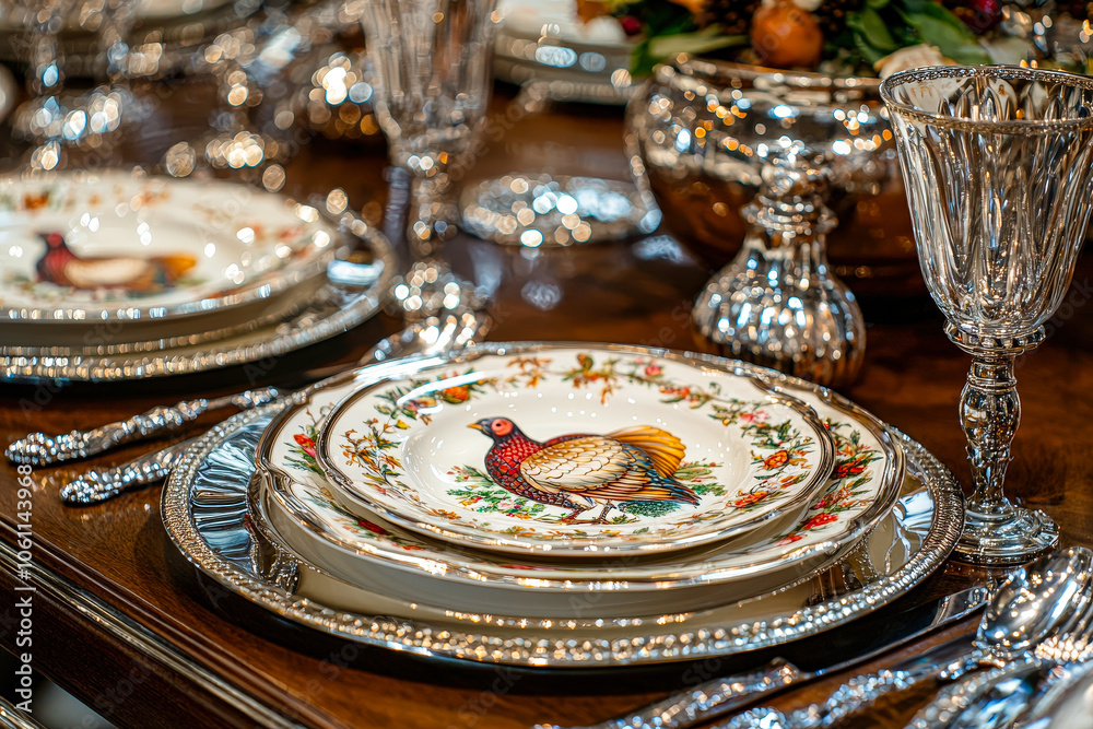 Fototapeta premium A thoughtfully arranged table showcases intricately designed antique dinnerware, silverware, and glasses, perfect for a festive gathering