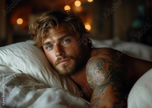 Handsome man with light eyes and tattoos lying down in bed with a plush pillow and a fluffy comforter and looking into the camera lens