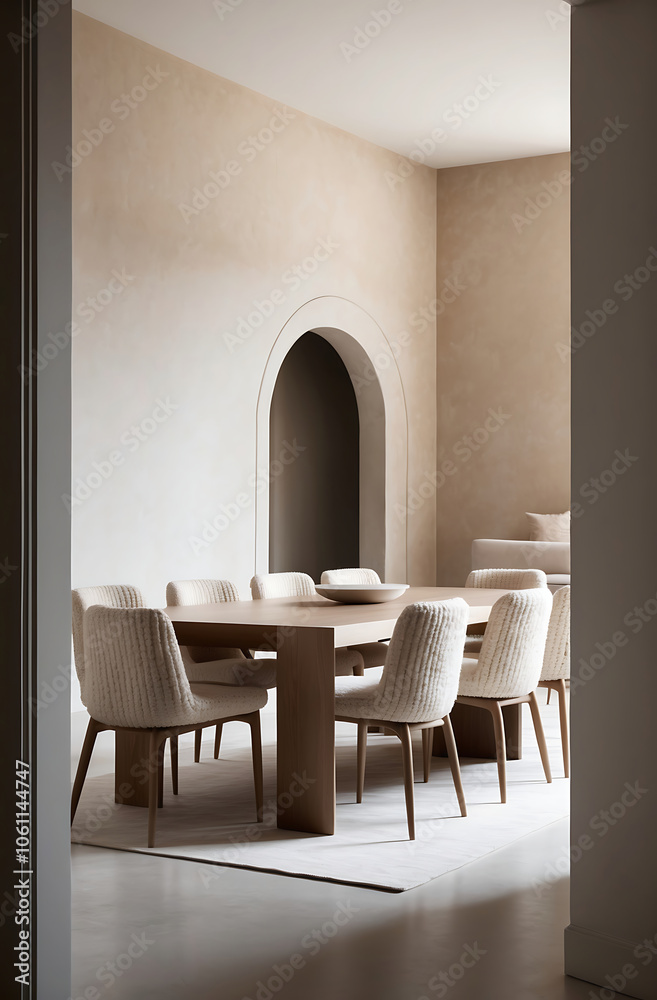 Fototapeta premium Boucle chairs at dining table in room with stucco walls and arch doorway. Minimalist interior design of modern living room