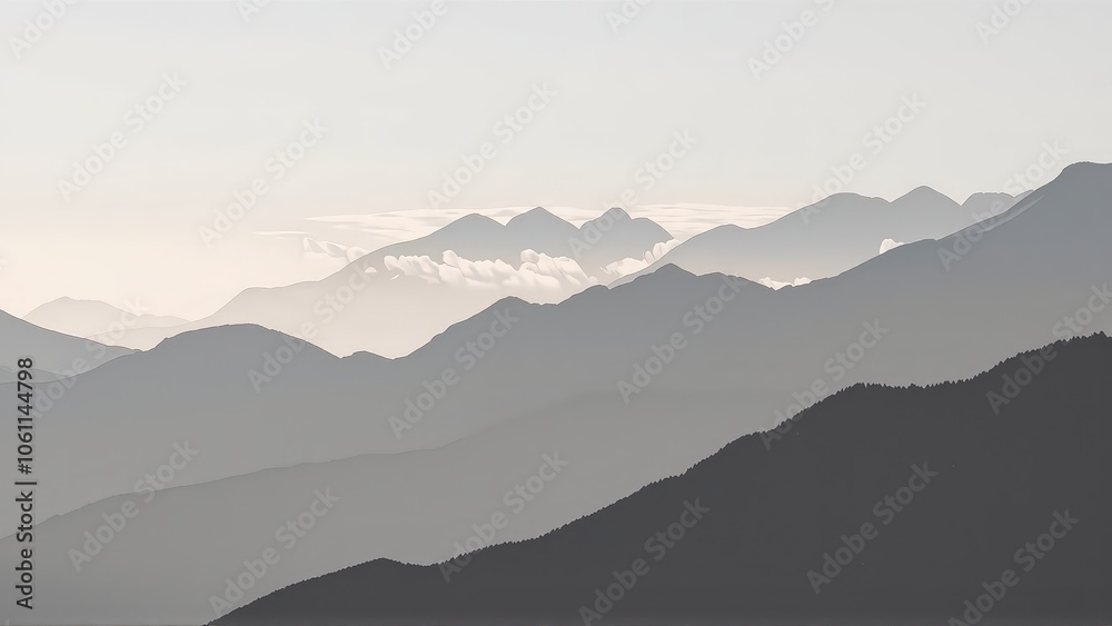 Obraz premium Generative AI, Minimalist Aerial View of Serene Mountain Ranges with Soft Cloud Layers