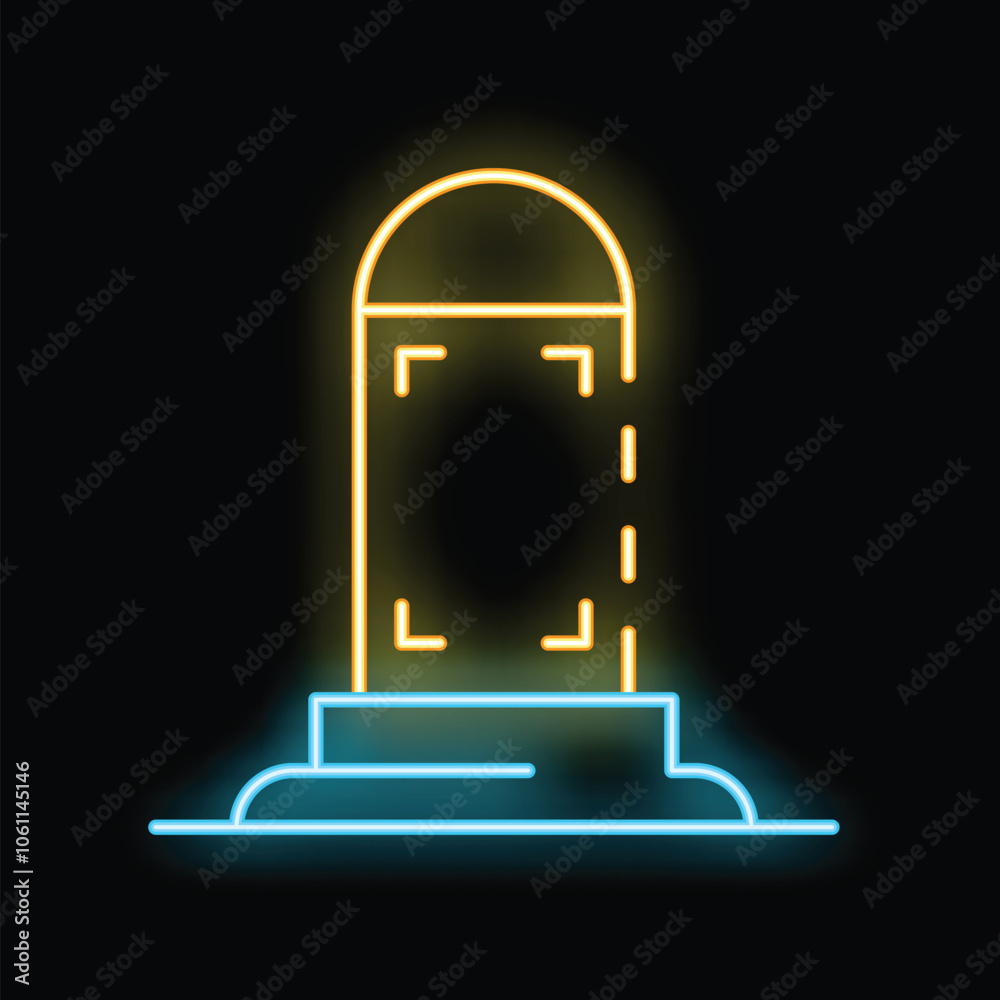 Fototapeta premium Glowing neon line grave with tombstone rest in peace rip icon isolated on black background vector illustration