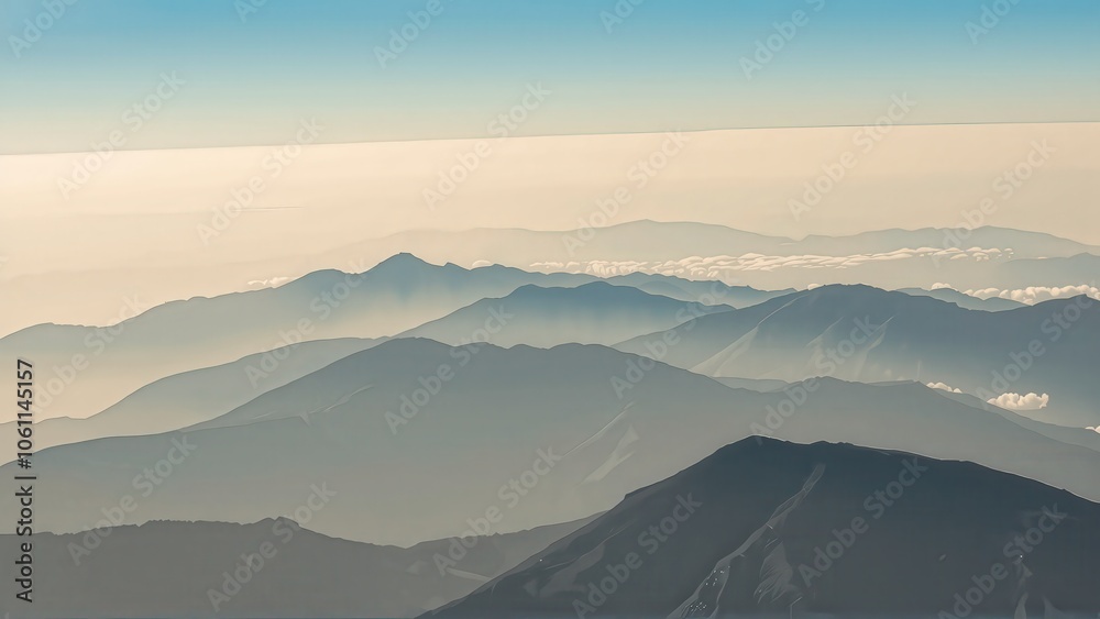 Obraz premium Generative AI, Minimalist Aerial View of Serene Mountain Ranges with Soft Cloud Layers