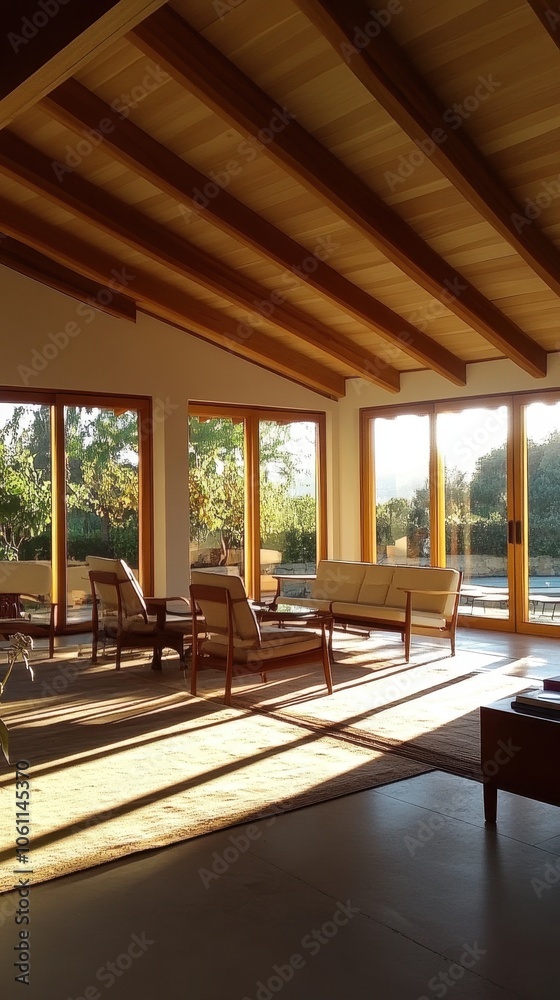Obraz premium Inviting Indoor-Outdoor Living Space with Wooden Beams and Natural Lighting