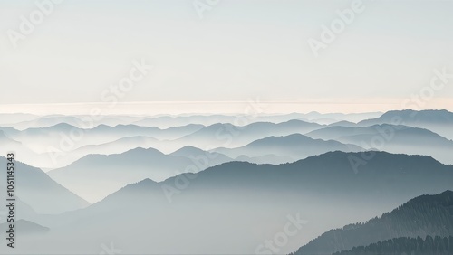 Generative AI, Minimalist Aerial View of Serene Mountain Ranges with Soft Cloud Layers