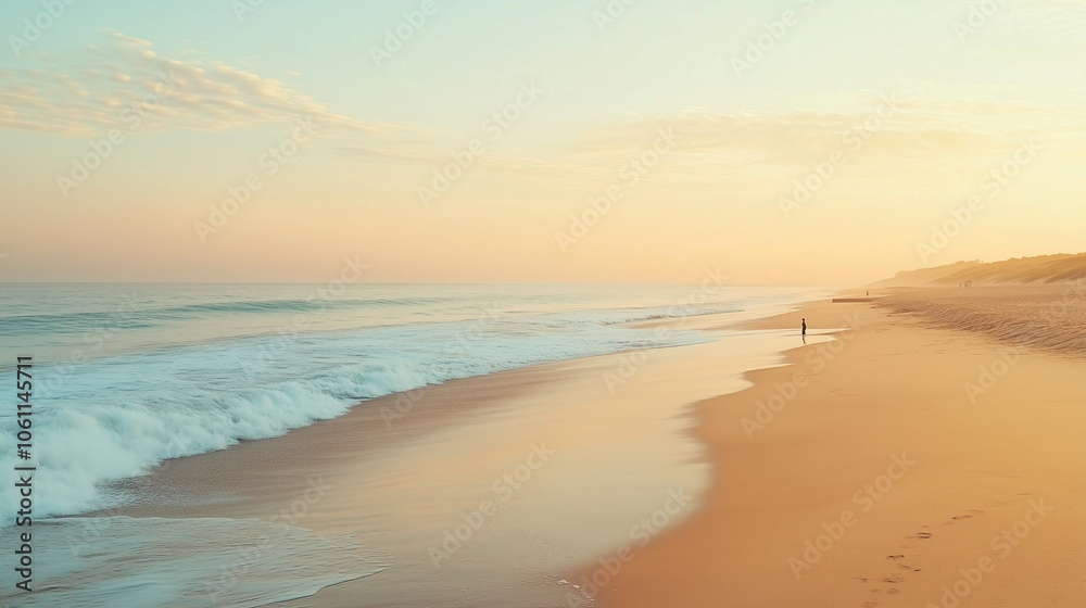 A lone figure walks along the sandy beach as the sun sets over the ocean A lone figure walks along the sandy beach as the sun sets over the ocean