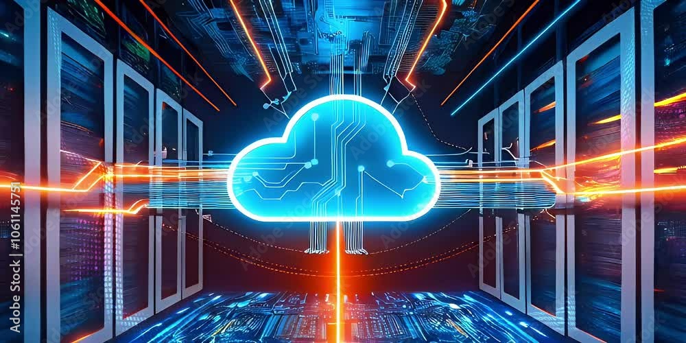 Futuristic data center with glowing cloud icon, representing cloud computing and storage.