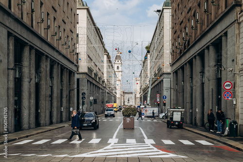 Fototapeta Naklejka Na Ścianę i Meble -  Turin, Italy - October 6, 2024: View of streets and architecture in the center of Turin