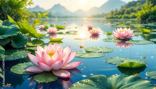 Radiant Lotus Flowers with Morning Dew on Tranquil Blue Water