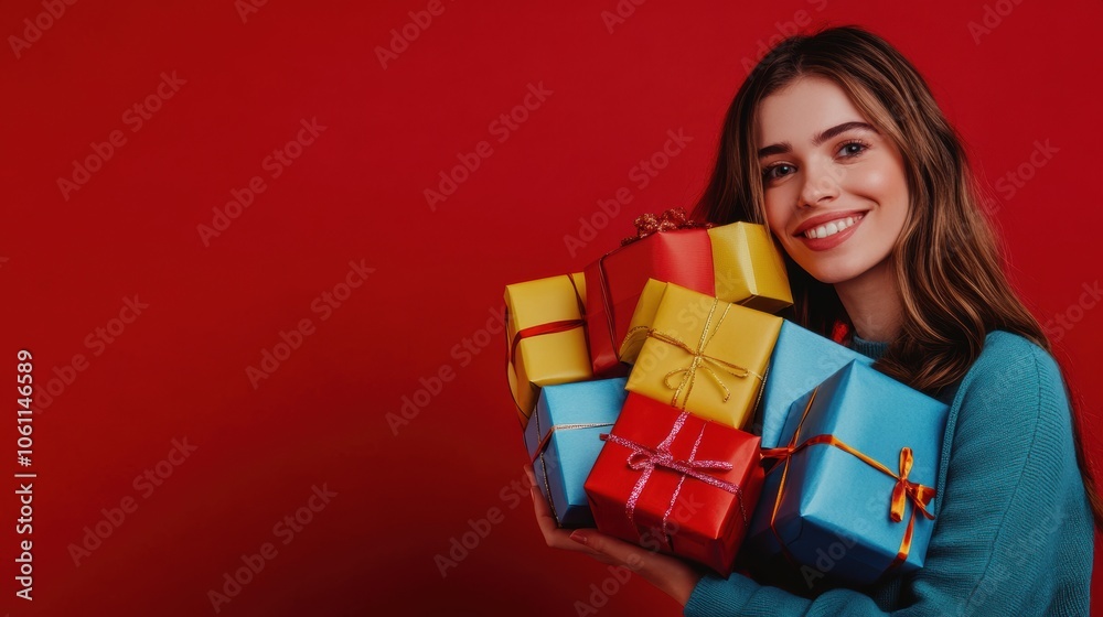 Happy female with gift box in holiday season. Happy female with gift box in holiday season.