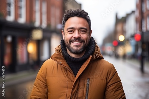 Portrait of a handsome man smiling at the camera in the city