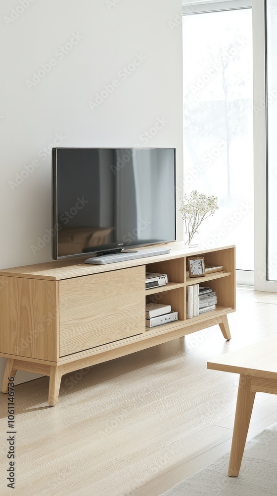 Minimalist Wooden TV Stand in Bright and Airy Room Minimalist Wooden TV Stand in Bright and Airy Room