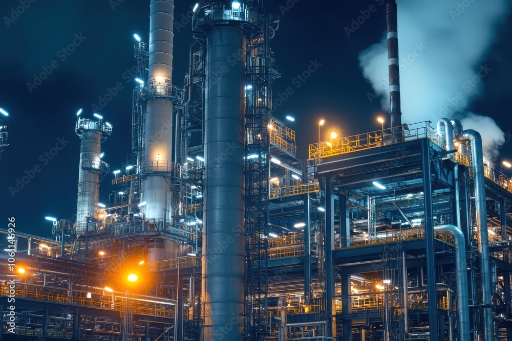 Brightly Illuminated Oil Refinery at Night Brightly Illuminated Oil Refinery at Night
