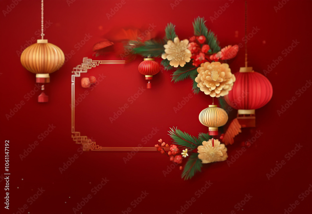 Red background with a gold frame and decorative elements, including hanging lanterns, flowers, and leaves. Red background with a gold frame and decorative elements, including hanging lanterns, flowers, and leaves.