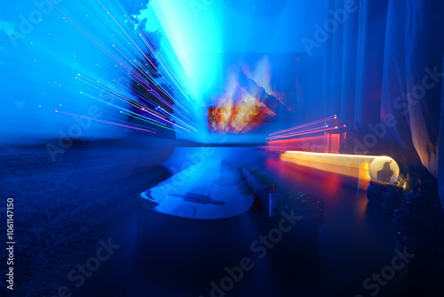 Guitar with Christmas and New Year Decorations. Abstract Optical Camera Effect Creating a Dreamy Holiday Vibe. Festive, Artistic Scene Blending Music and Celebration.
