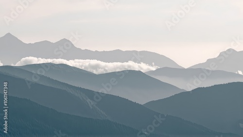 Generative AI, Minimalist Aerial View of Serene Mountain Ranges with Soft Cloud Layers