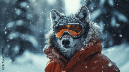 Realistic lifelike grey wolf in snowboard goggles on natural forest background, winter holiday concept, humanlike outfit, commercial advertisement. Canis lupus portrait