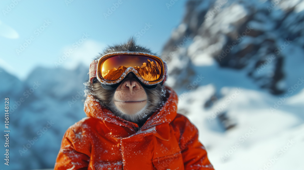 Realistic lifelike Ape chimp in snowboard goggles on natural mountain background, winter holiday or sports concept, humanlike outfit, commercial advertisement. Chimpanzee monkey portrait Realistic lifelike Ape chimp in snowboard goggles on natural mountain background, winter holiday or sports concept, humanlike outfit, commercial advertisement. Chimpanzee monkey portrait