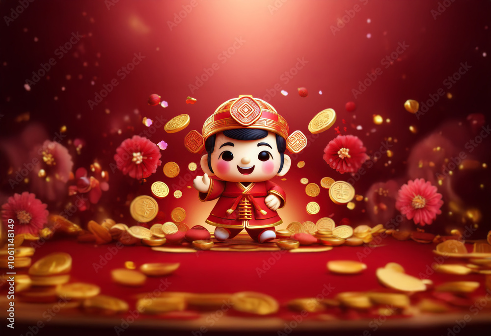 A cheerful cartoon character in a red robe and crown stands on a pile of gold coins surrounded by floating coins and flowers. A cheerful cartoon character in a red robe and crown stands on a pile of gold coins surrounded by floating coins and flowers.