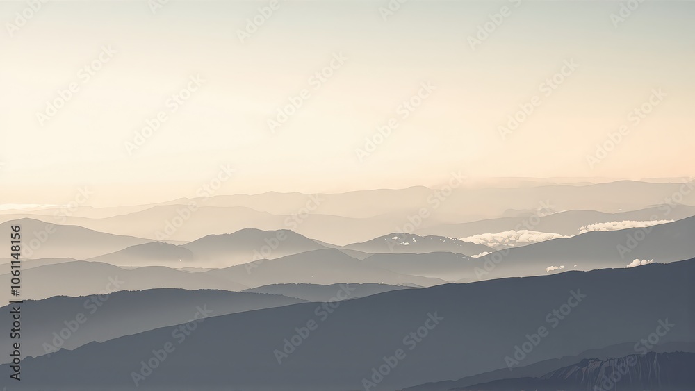 Generative AI, Minimalist Aerial View of Serene Mountain Ranges with Soft Cloud Layers Generative AI, Minimalist Aerial View of Serene Mountain Ranges with Soft Cloud Layers