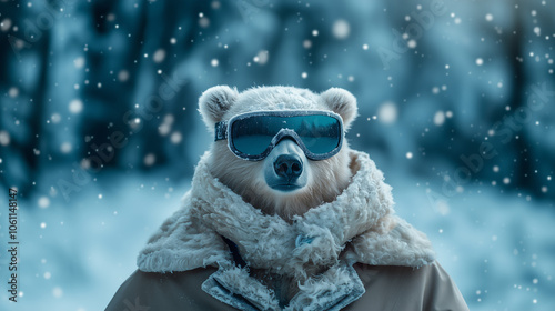 Polar bear realistic lifelike in ski snowboard goggles on natural forest background, winter holiday concept, humanlike outfit, commercial advertisement. Ursus maritimus portrait 