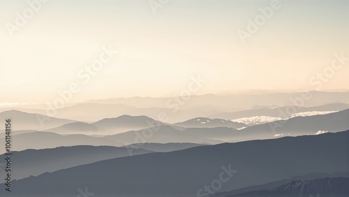 Generative AI, Minimalist Aerial View of Serene Mountain Ranges with Soft Cloud Layers