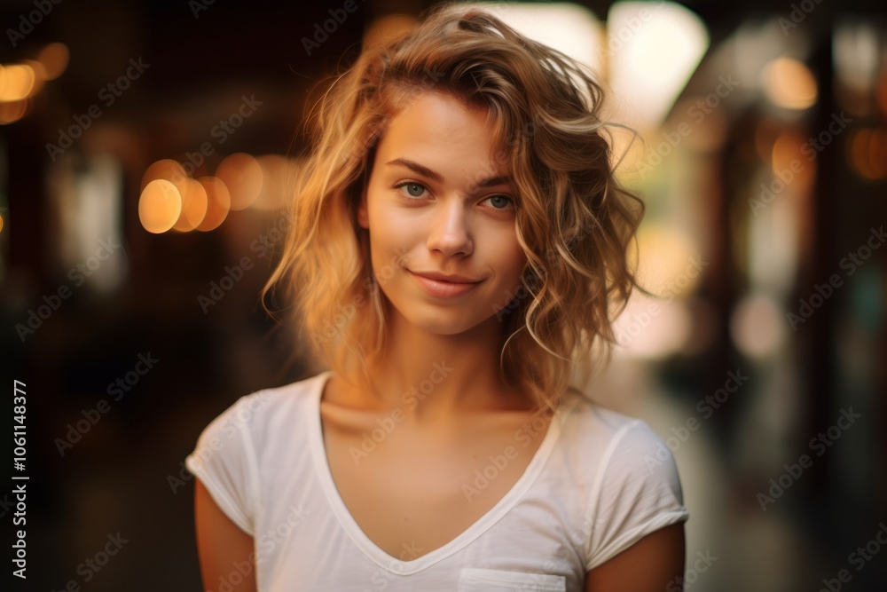 Portrait of a beautiful young woman with curly hair in a white T-shirt.