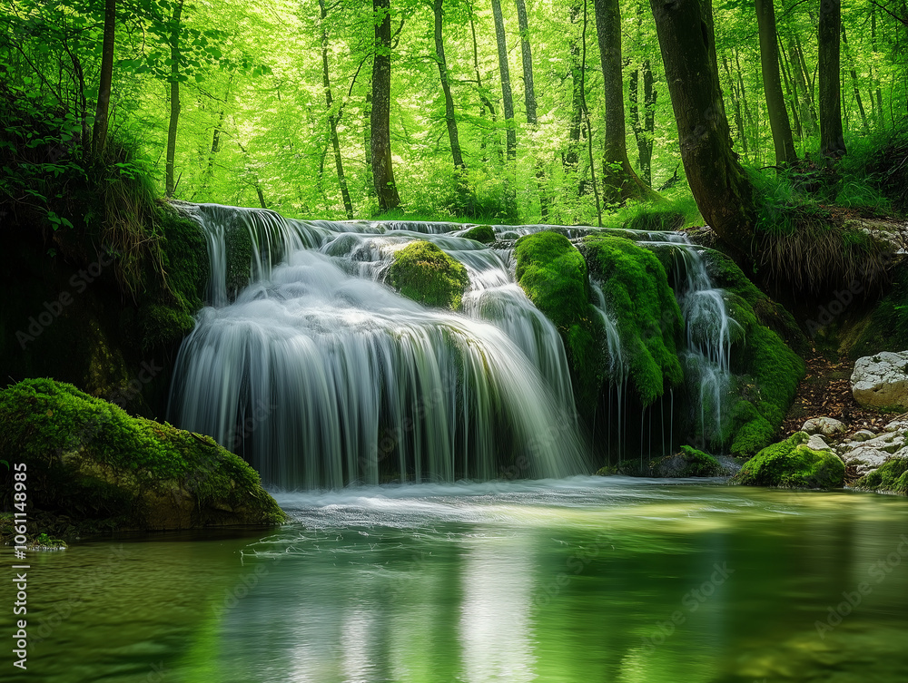 A small waterfall cascades down moss-covered rocks in a lush green forest A small waterfall cascades down moss-covered rocks in a lush green forest