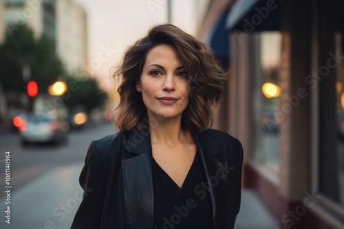 Portrait of a beautiful woman in a black coat on the street