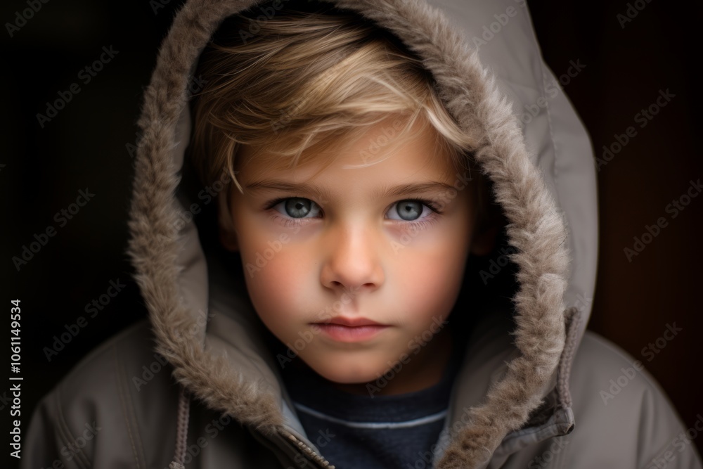 Closeup portrait of a cute little boy wearing a hooded jacket Closeup portrait of a cute little boy wearing a hooded jacket