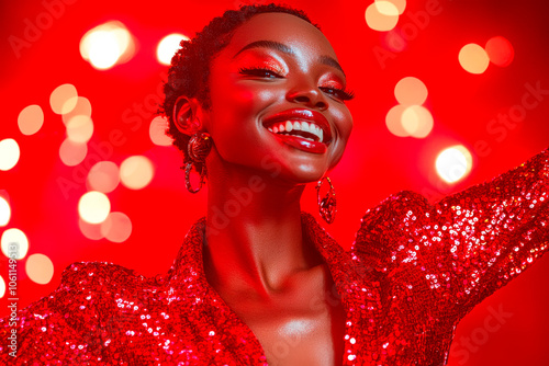 This woman radiates happiness as she wears a shimmering red outfit, highlighted by glowing red lights in a lively atmosphere