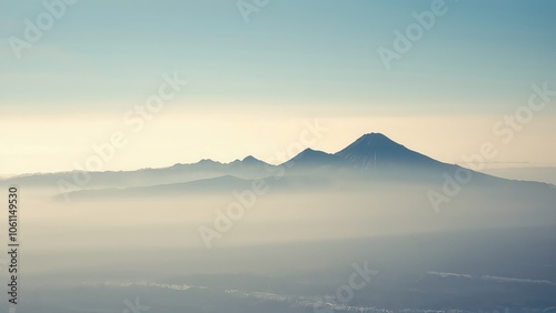 Generative AI, Minimalist Aerial View of Serene Mountain Ranges with Soft Cloud Layers