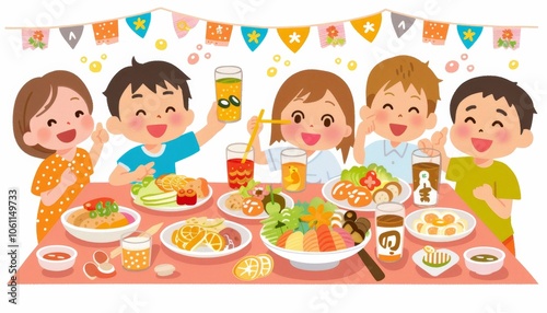 Family gathering around a table enjoying food and drinks featuring your product in the scene