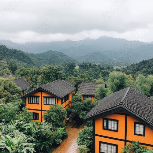 Traditional Orange Houses on Mountainside.